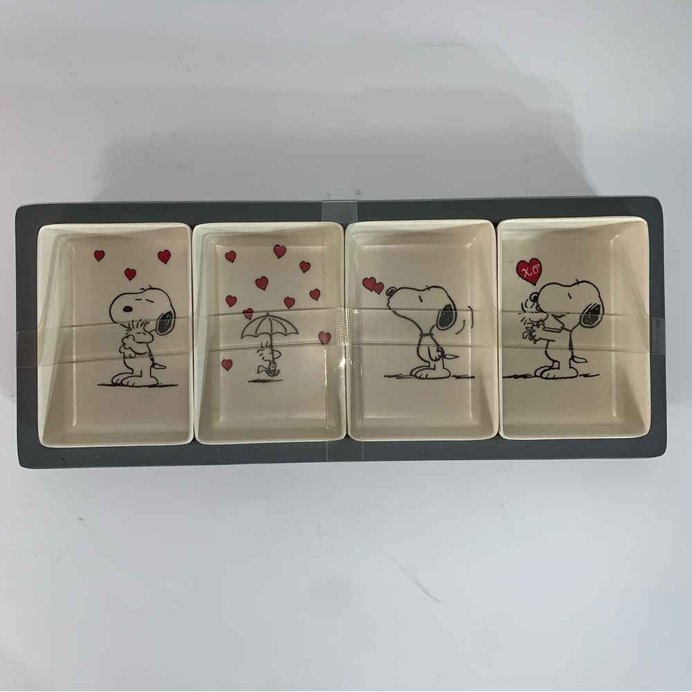 Peanuts Snoopy & Woodstock “I Heart You” XO Dipping Dish Tray Bamboo Fiber 4 Pc